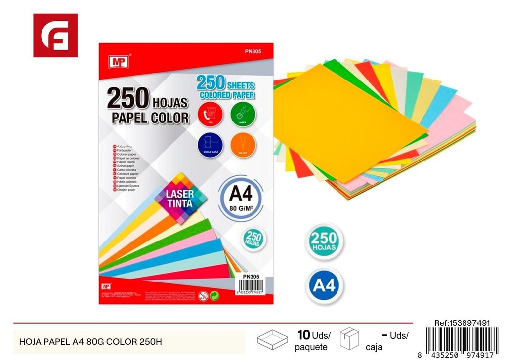 Hoja de papel A4 80g color 250 hojas - Material de oficina