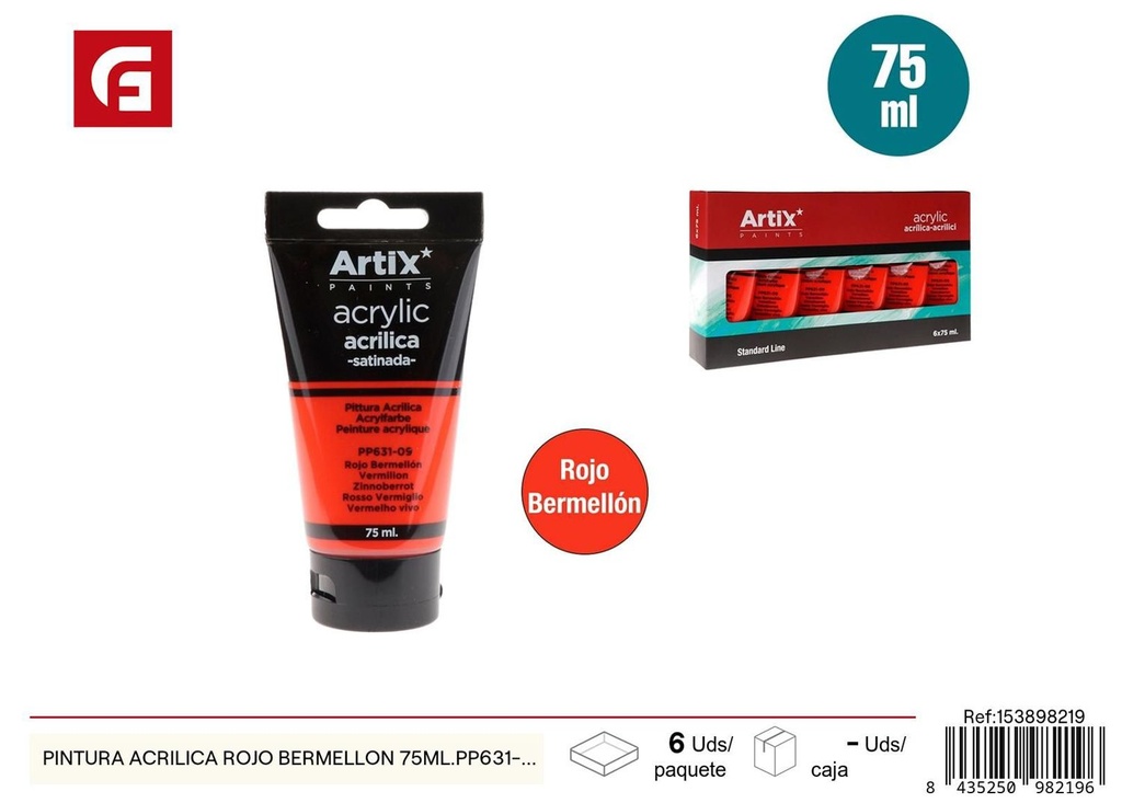 Pintura acrílica rojo bermellón 75ml - Material escolar