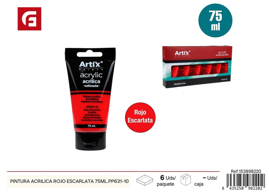Pintura acrílica roja escarlata 75 ml - Material escolar y pintura