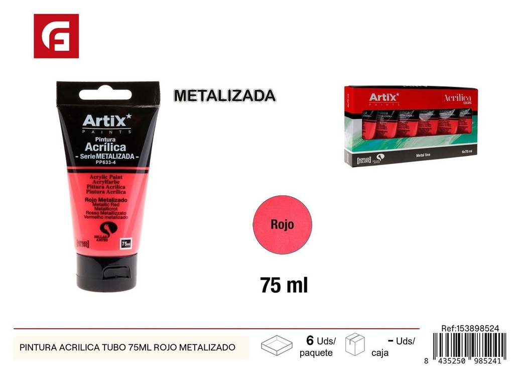 Pintura acrílica en tubo 75 ml rojo metalizado - Material de arte