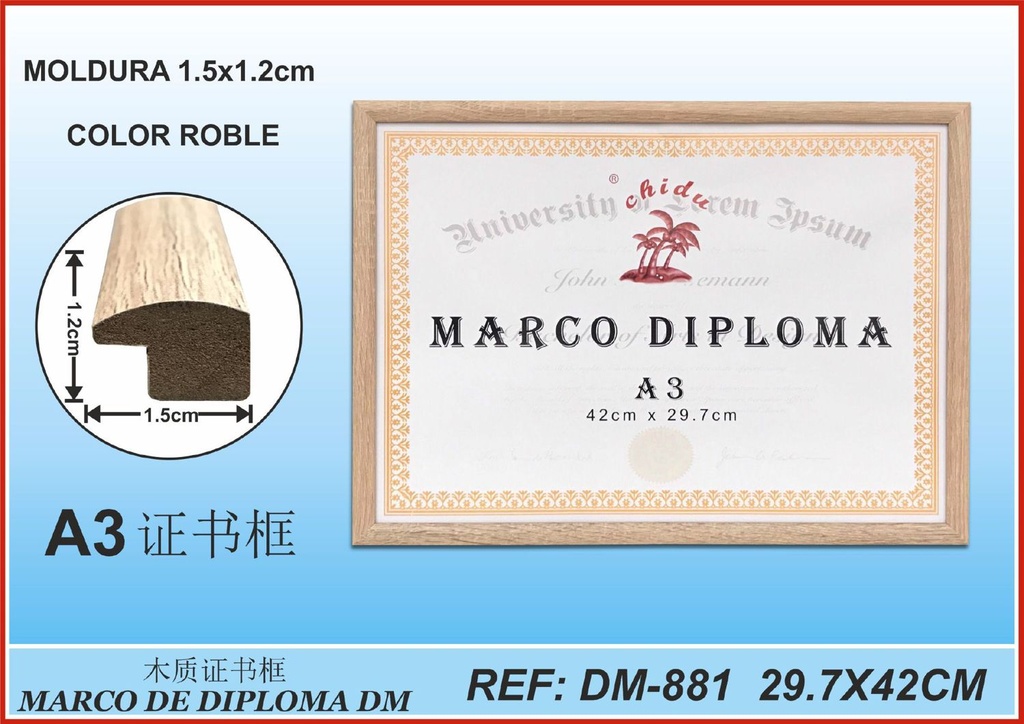 Marco diploma A3 roble DM-881 - Marcos y diplomas