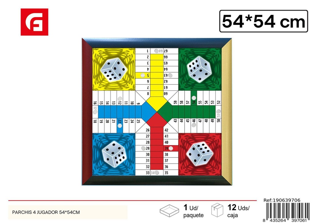 Tablero de juego Parchís para 4 jugadores PAC-450 de 54x54cm