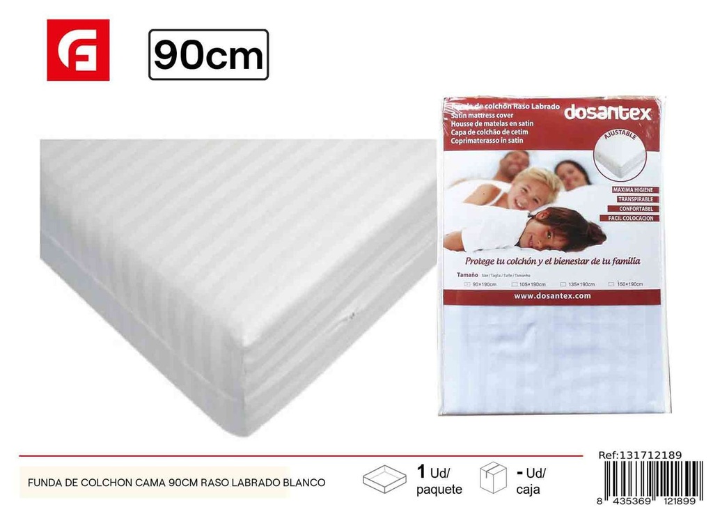 Funda de colchón cama 90cm raso labrado blanco para protección