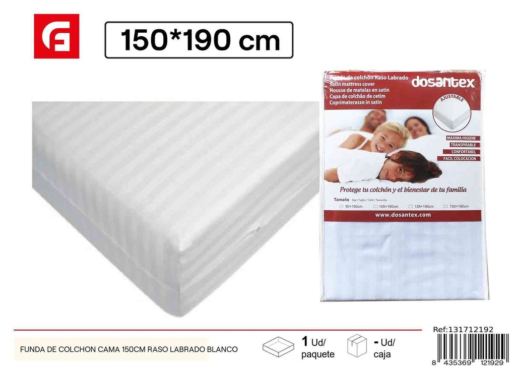 Funda de colchón raso labrado blanco cama 150cm para protección