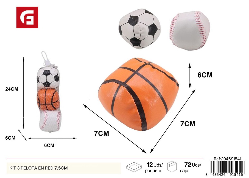 Kit de 3 pelotas en red 7.5cm para jugar y deportes