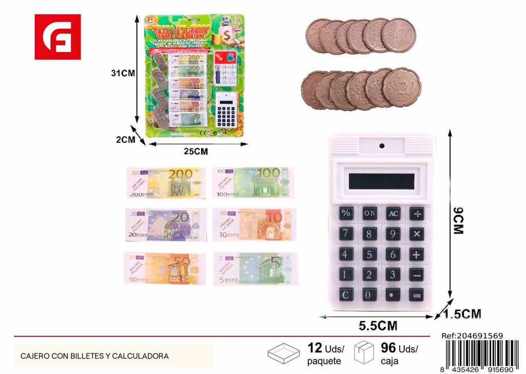 Cajero con billetes y calculadora juguete