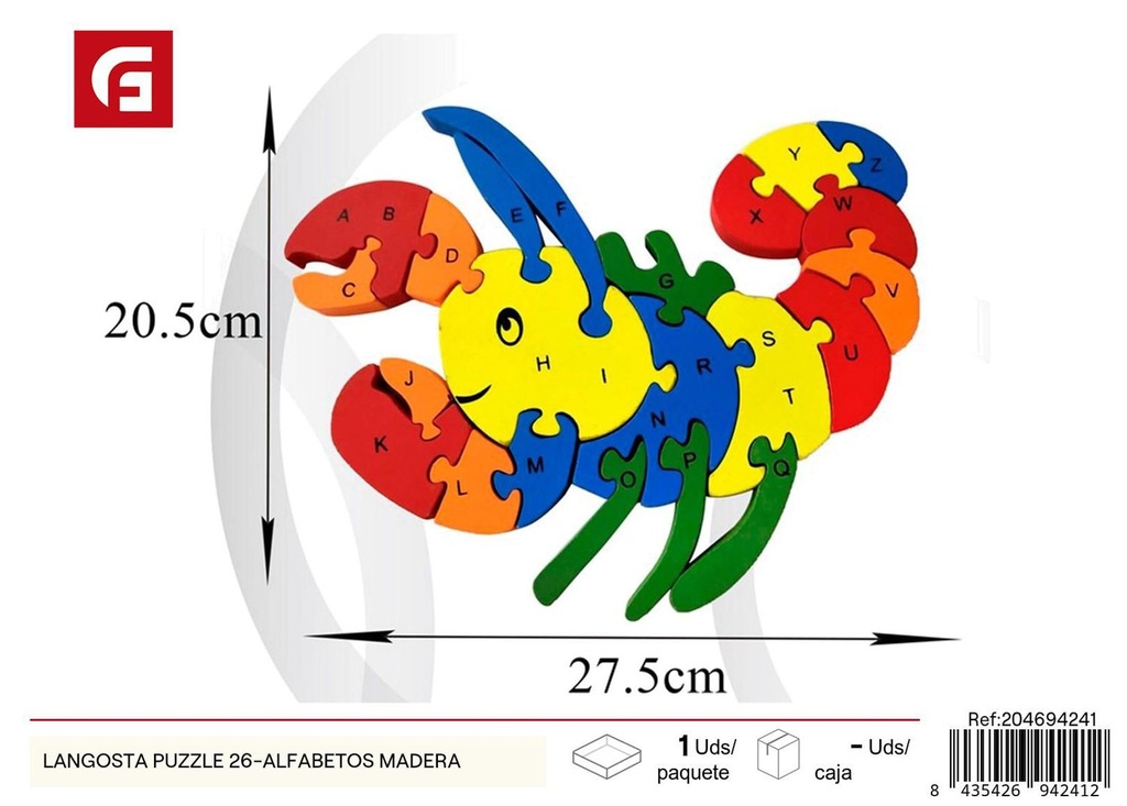 Puzzle de madera langosta con alfabetos 26 piezas