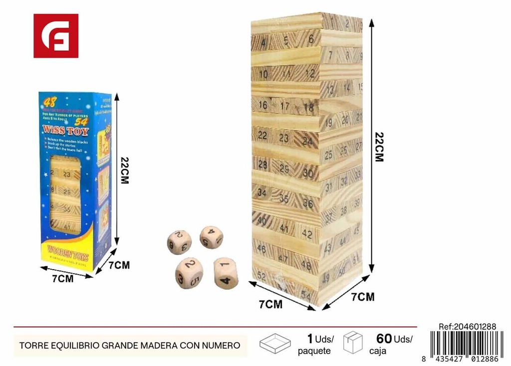 Torre de equilibrio grande de madera con números para juego y aprendizaje