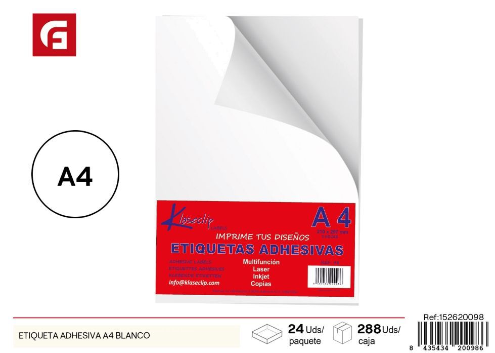 Etiqueta adhesiva A4 blanca - Material de oficina y organización