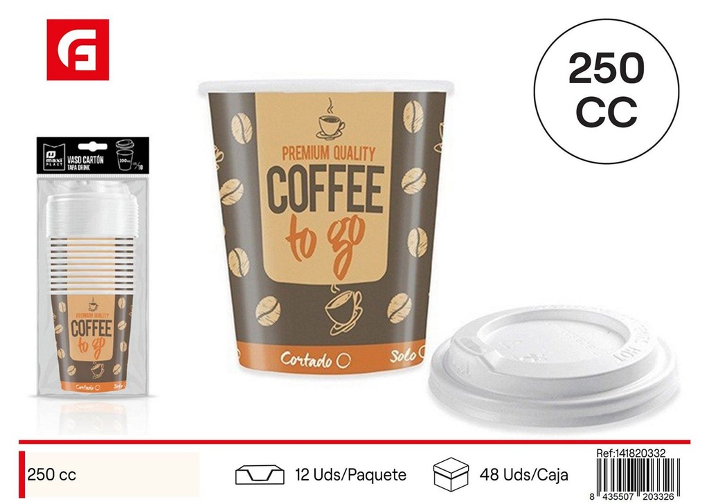  Vaso de cartón para café con tapa - 250 cc, 8 unidades