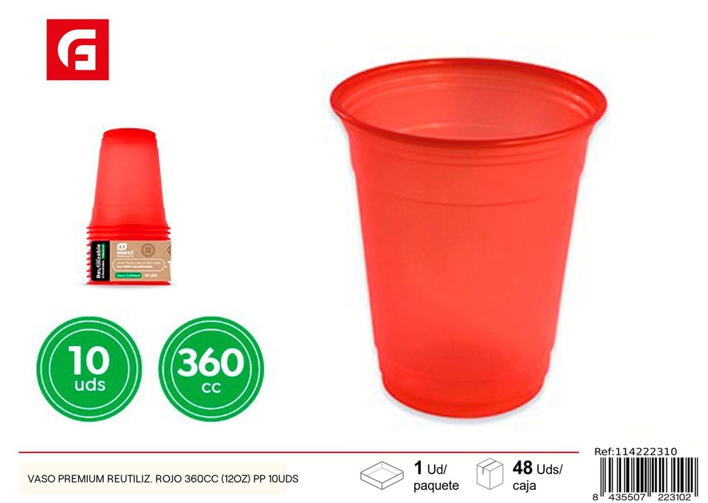 Vaso premium reutilizable rojo 360CC (12oz) 10Uds - Vasos para fiestas