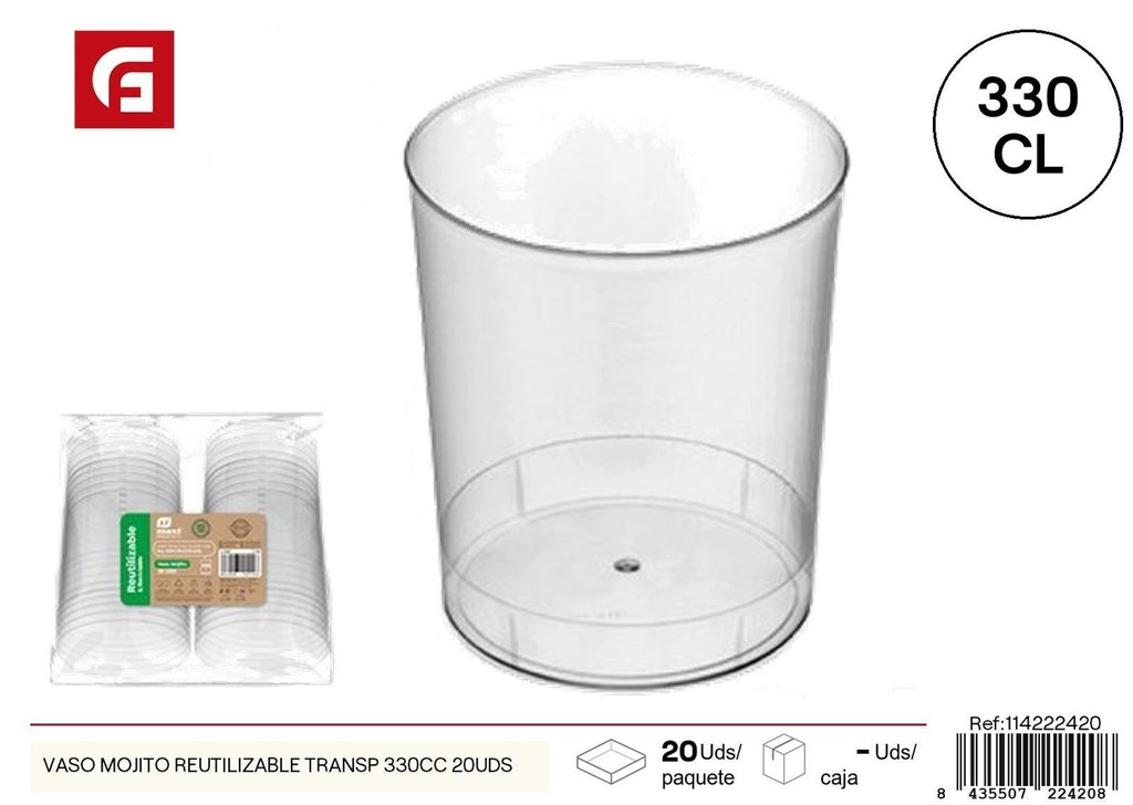 Vaso Mojito reutilizable transparente 330cc 20uds para fiestas y eventos