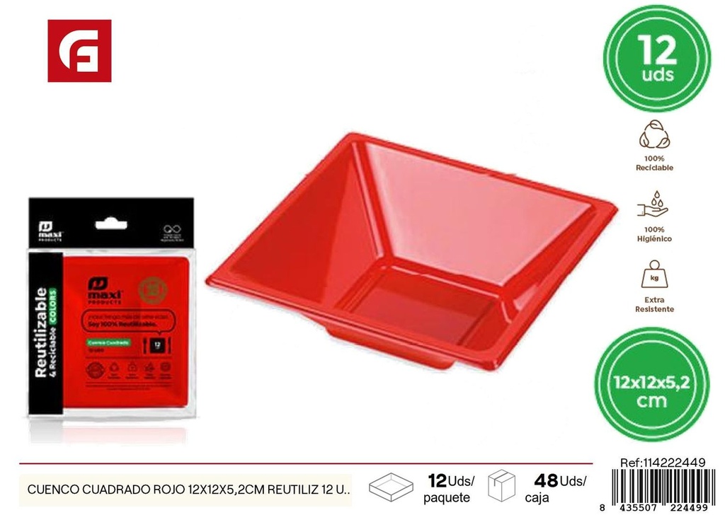 Cubierto cuadrado rojo 12x12x5.2 cm reutilizable 12 uds - Utensilios navideños