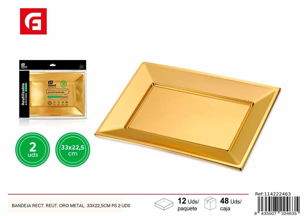 Bandeja rectangular reutilizable oro metalizado 33x22.5cm PS 2 uds para eventos