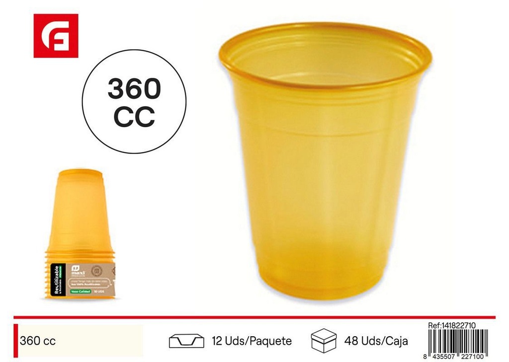 Vaso premium reutilizable oro 360 cc (12 oz) PP 10 uds - Desechables