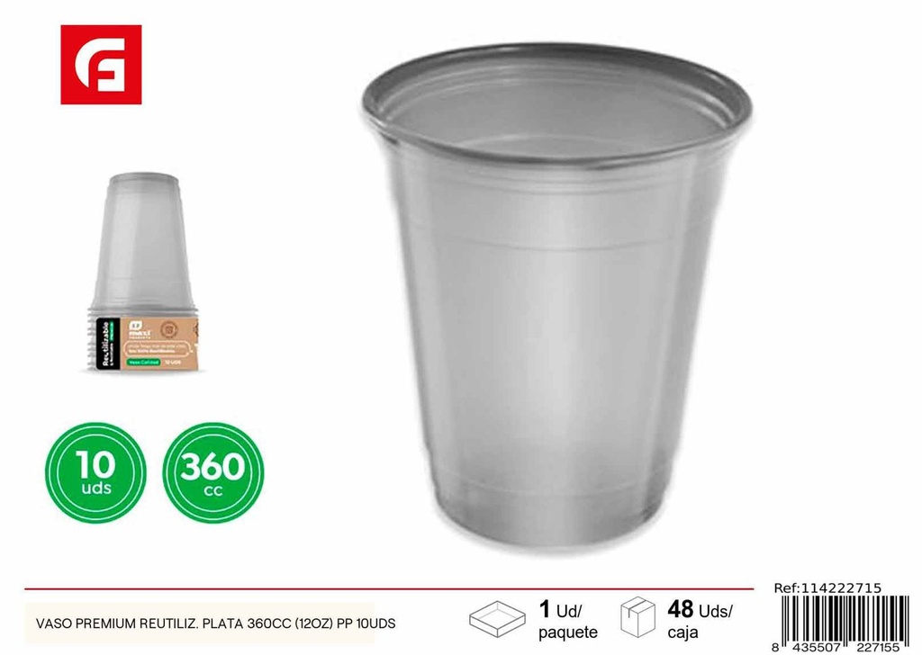 Vaso premium reutilizable plata 360 cc (12 oz) PP 10 uds - Artículos de Navidad