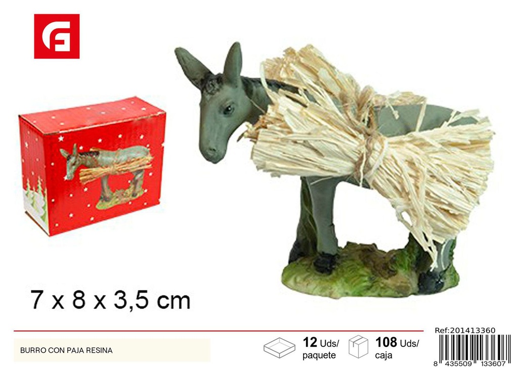 Figura de burro con paja en resina - Decoración navideña