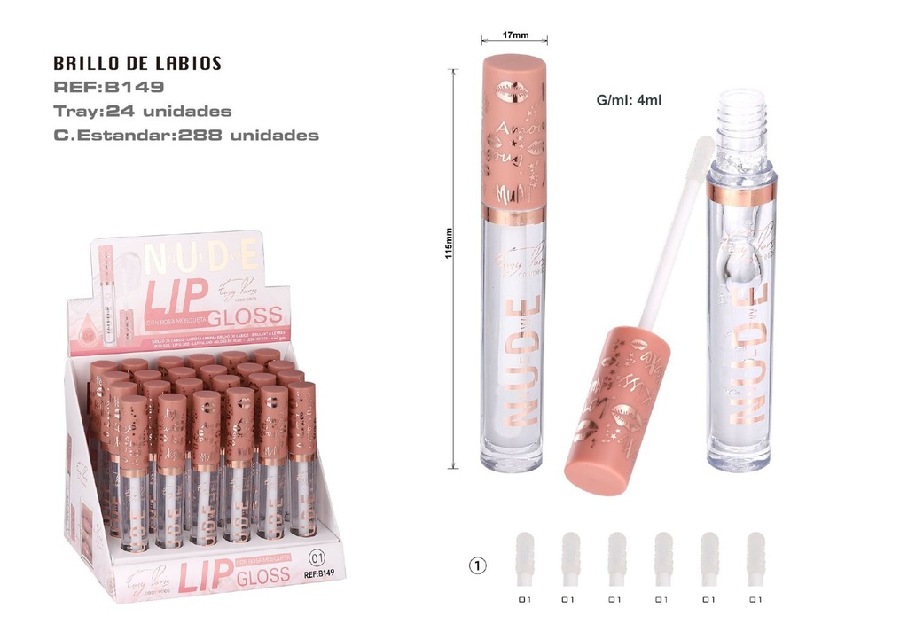 Lip gloss nude c/aceite de rosa mosqueta - 24 unidades