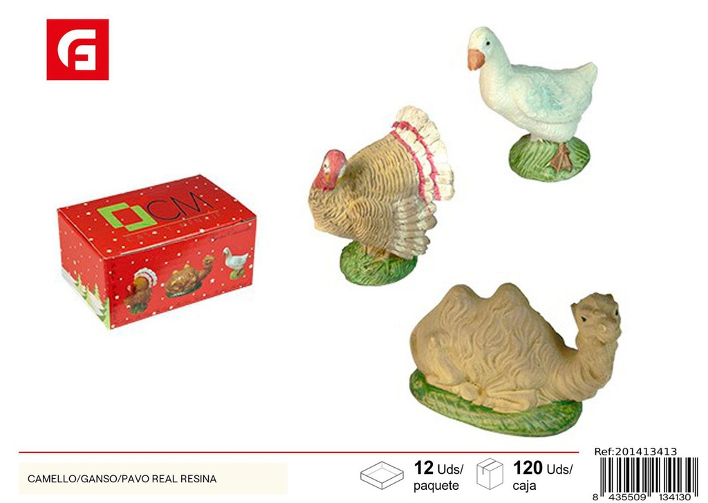 Figuras de belén camello/ganso/pavo real de resina para Navidad