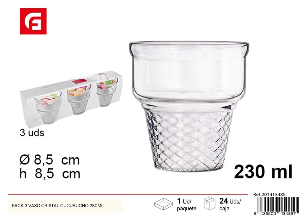 Pack de 3 vasos cristal cucurucho 230 ml - Vajilla de helados