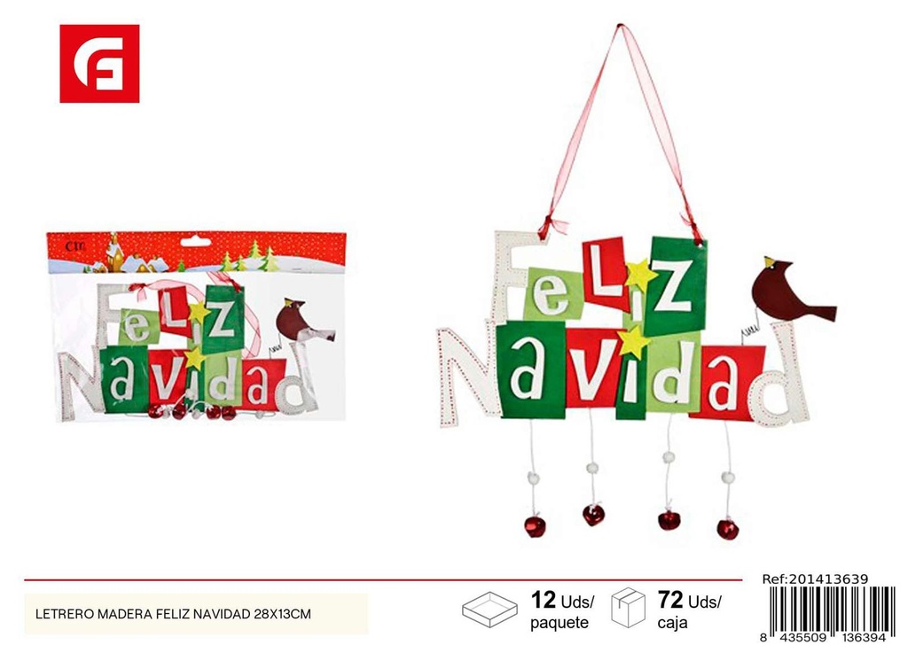 Letrero de madera "Feliz Navidad" 28x13cm - Decoración navideña