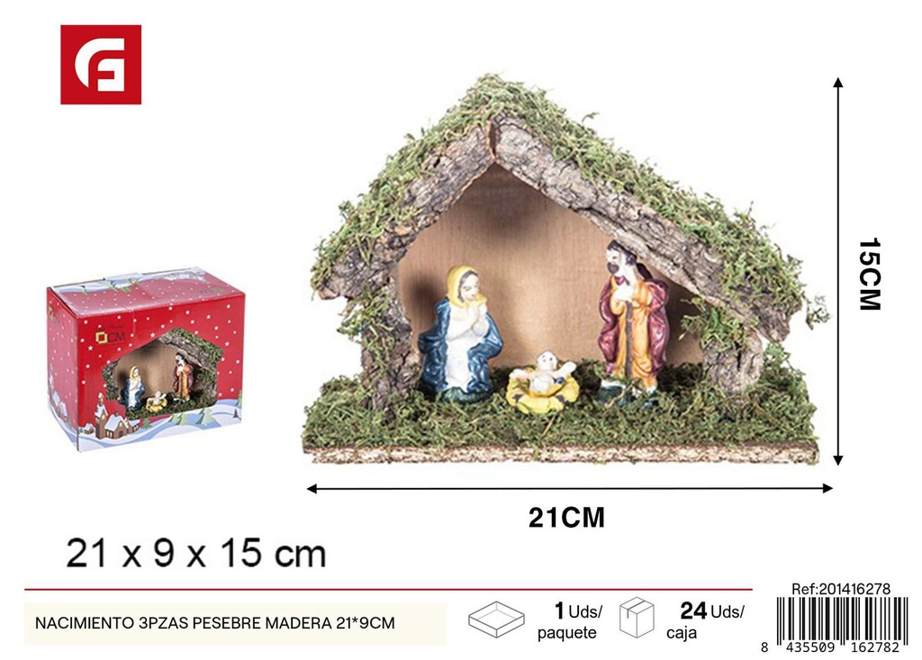 Nacimiento 3 piezas pesebre madera 21*9 cm - Decoración navideña