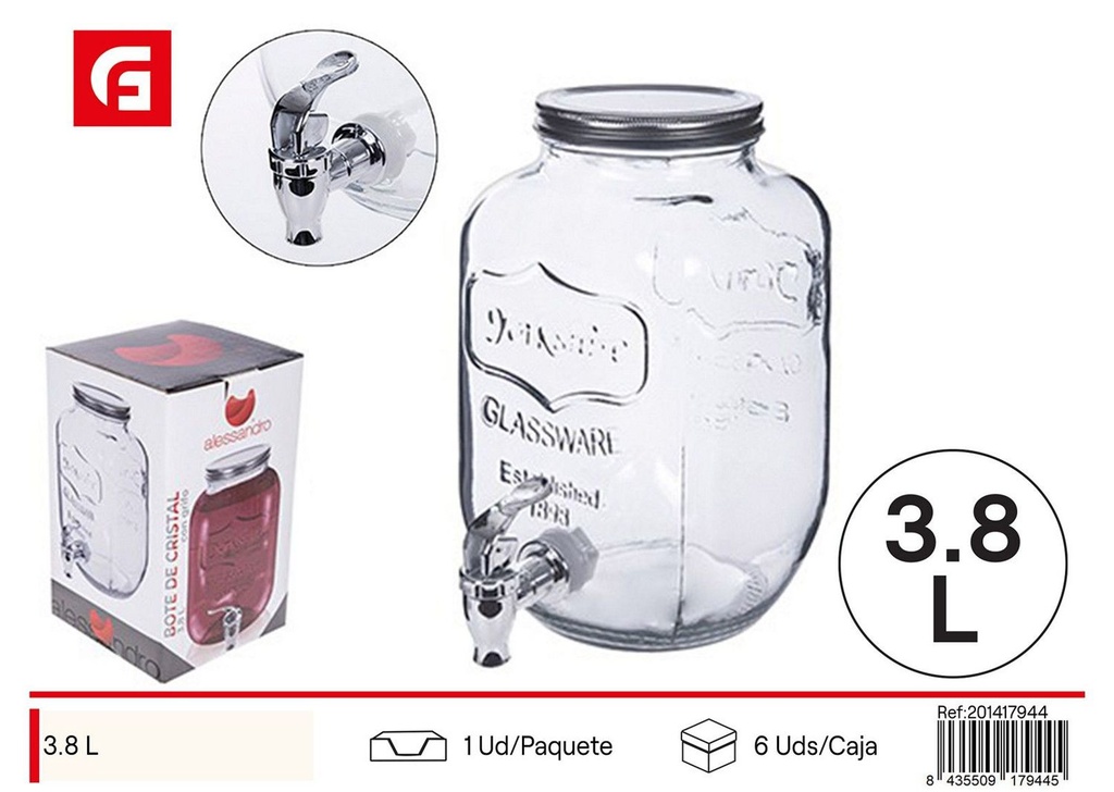 Bote de cristal dispensador 3.8 litros para bebidas y cocina