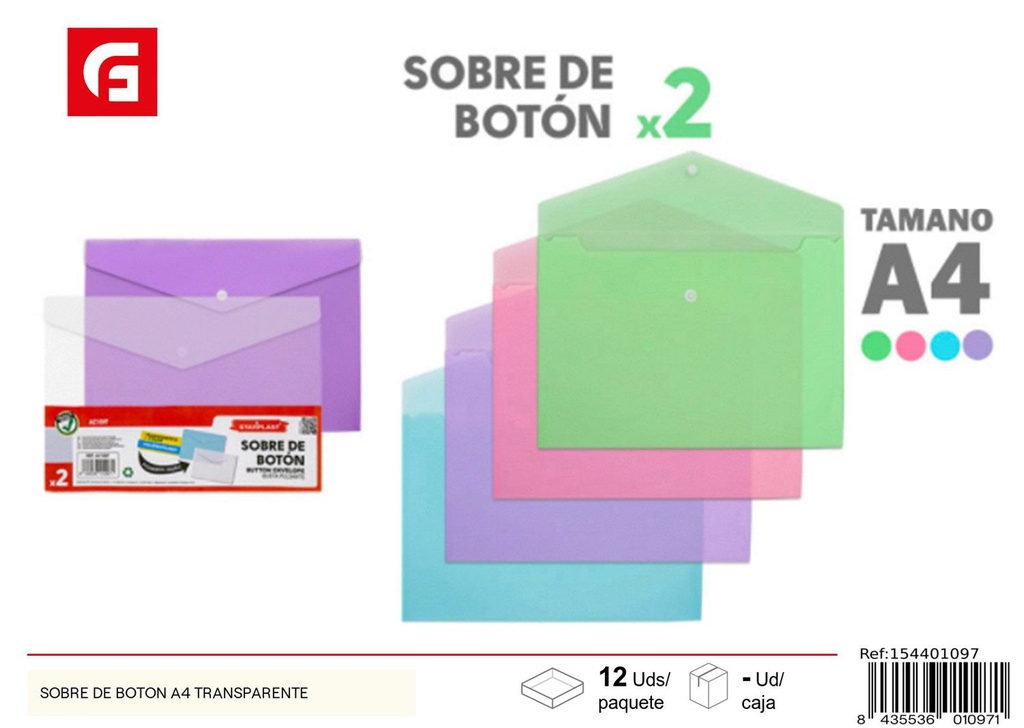 Sobre de botón A4 transparente - Material de oficina