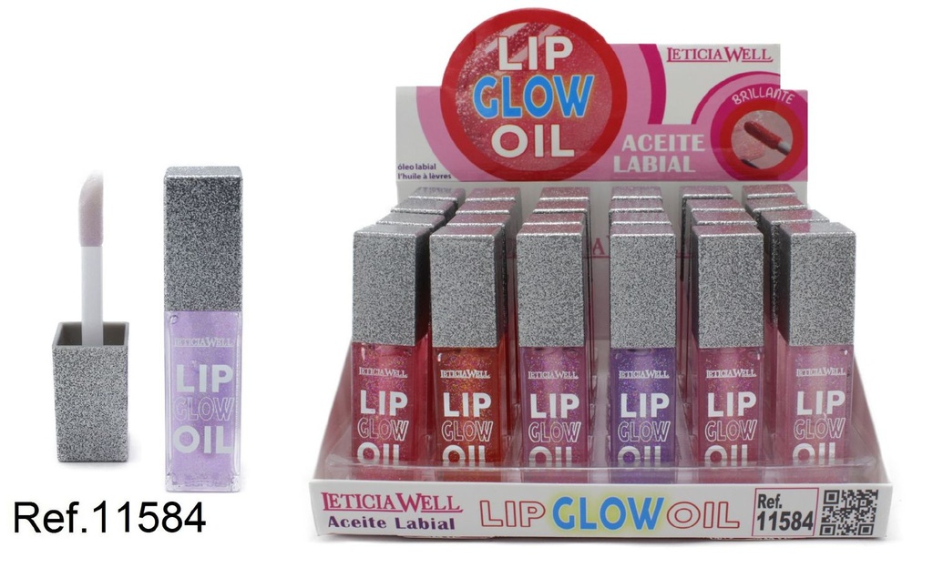 Lip glow oil con tapón purpurina 24/u 11584 para brillo y cuidado