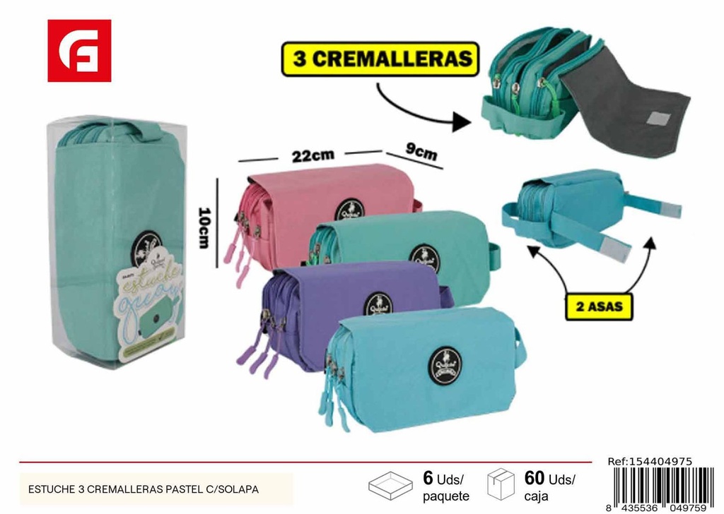 Estuche 3 cremalleras pastel con solapa para material escolar