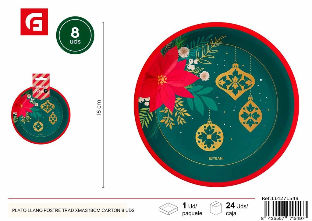 Plato llano de cartón de 18 cm 8 unidades - Utensilios de Navidad