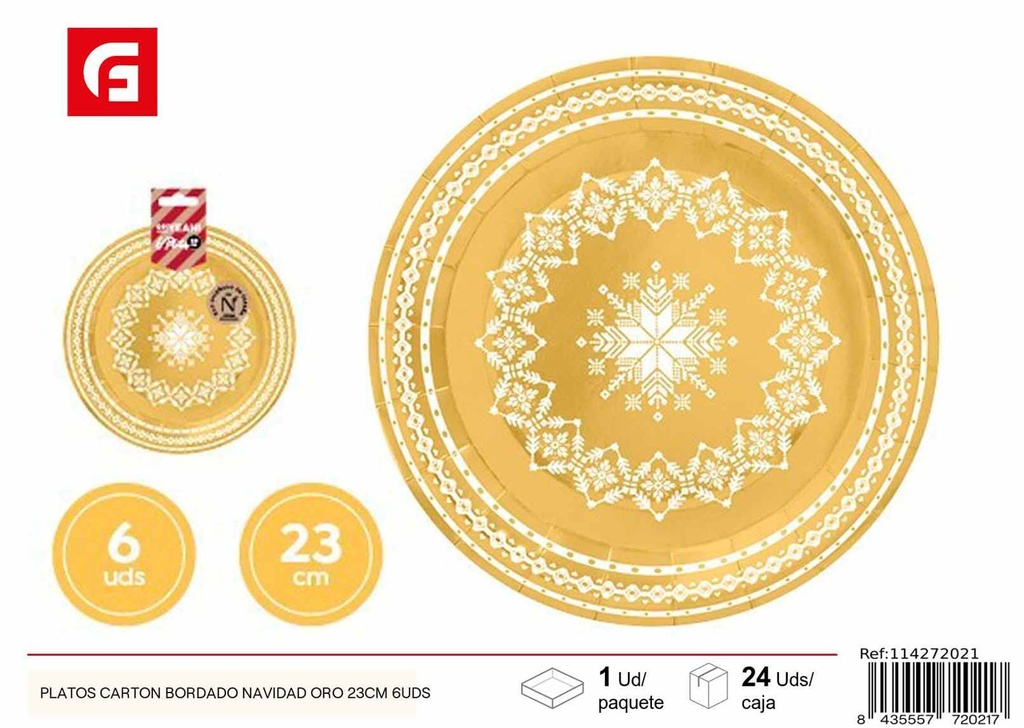  Platos cartón bordado navidad oro - 23 cm, 6 unidades