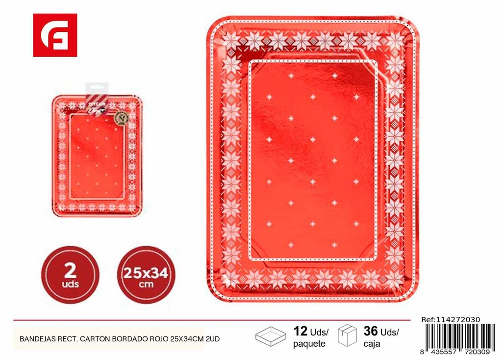 Bandejas rectangulares de cartón bordado rojo 25x34cm 2 uds para fiestas