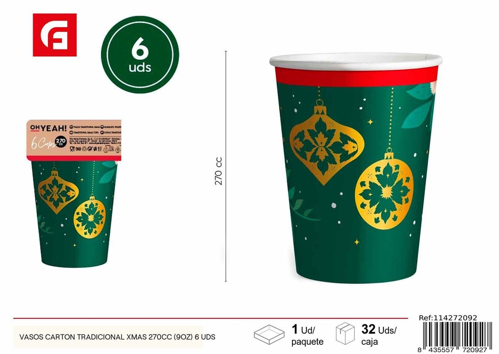 Vasos de cartón tradicional de Navidad 270 cc (9 oz) 6 UDS - Artículos de fiesta y banquetes