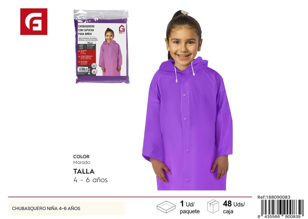 Chubasquero para niña 4-6 años impermeable y ligero