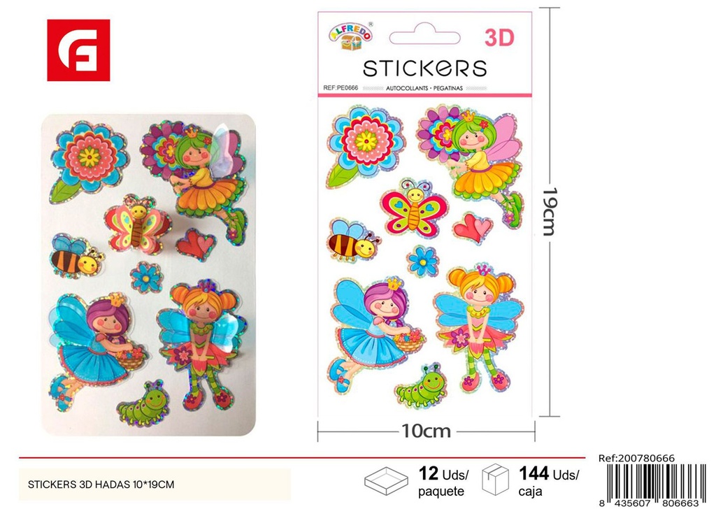 Stickers 3D de hadas 10x19cm para decoración escolar y manualidades