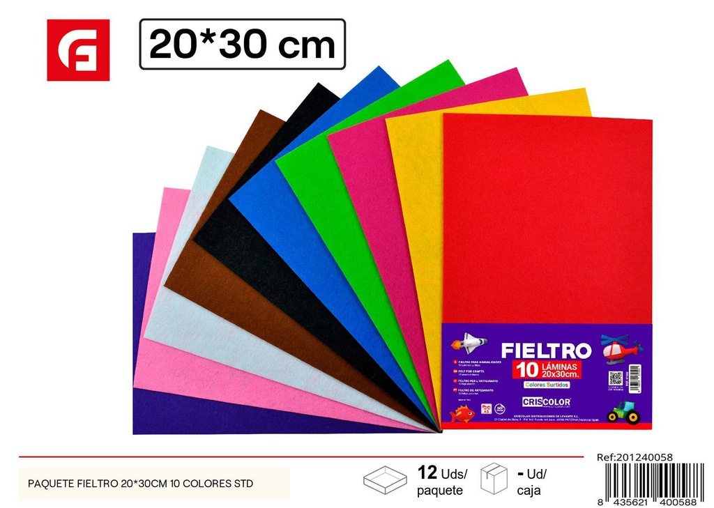 Paquete de papel de fieltro 20x30 cm 10 colores - Materiales para manualidades