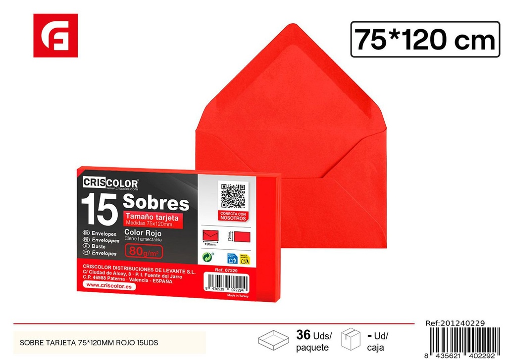 Sobre tarjeta 75*120mm rojo 15u - Material de oficina