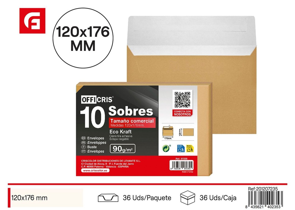 Sobre comercial 120*176 mm kraft 10 uds - Material de oficina