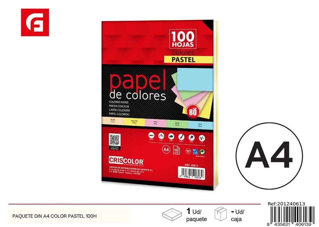 Papel tamaño DIN A4 color pastel 100 hojas - Material de oficina