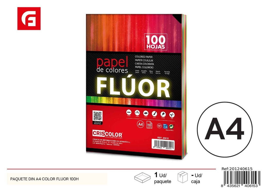Paquete de papel A4 color fluorescente 100 hojas - Material de oficina