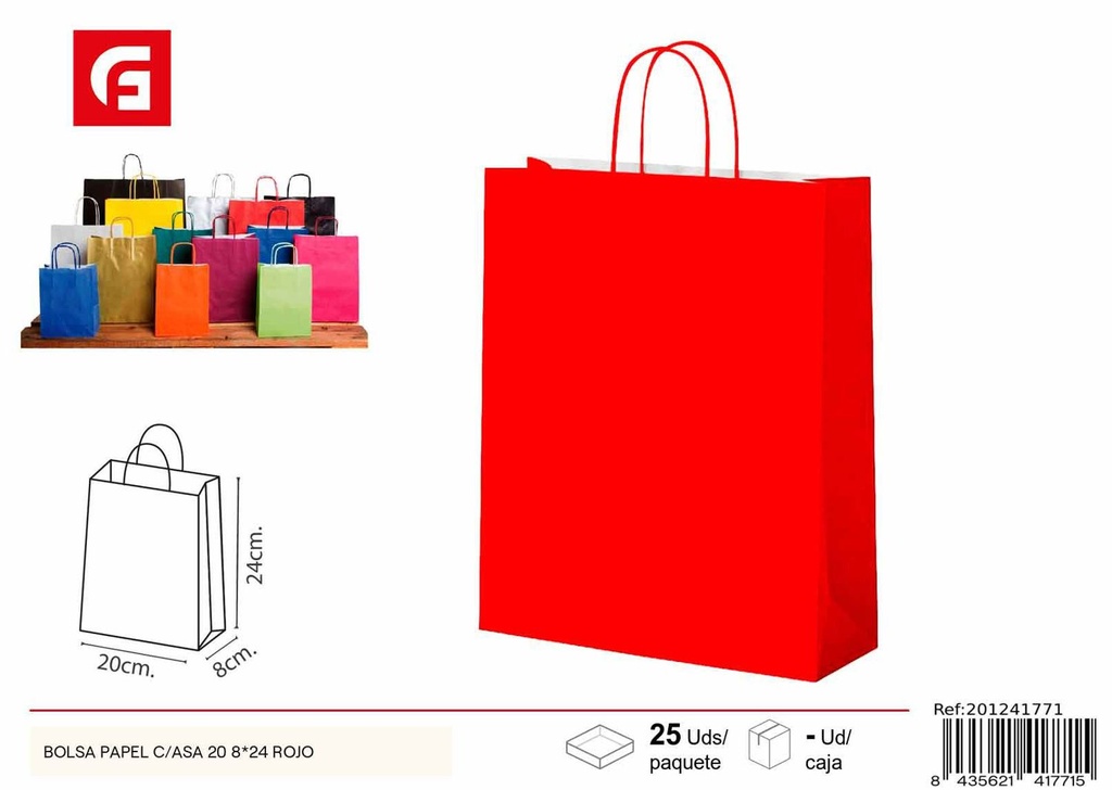 Bolsa de papel con asa 20+8*24 rojo - Artículos de regalo