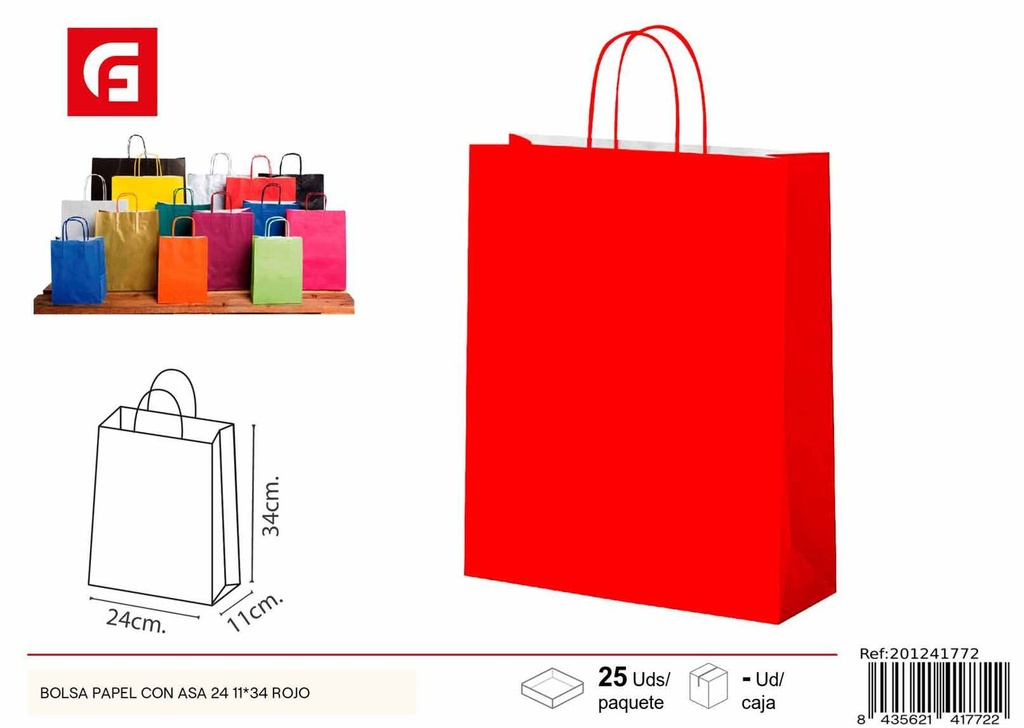 Bolsa de papel con asa roja de 24+11x34 - Artículos de regalo