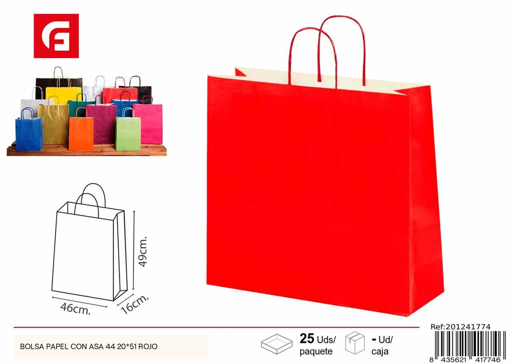 Bolsa de papel con asa roja 44+20x51 - Regalos