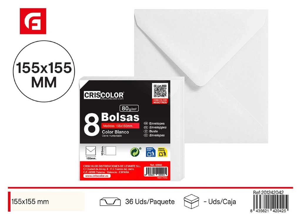 Bolsa sobre 155x155 blanca (80 g, 8 unidades) - Material de oficina