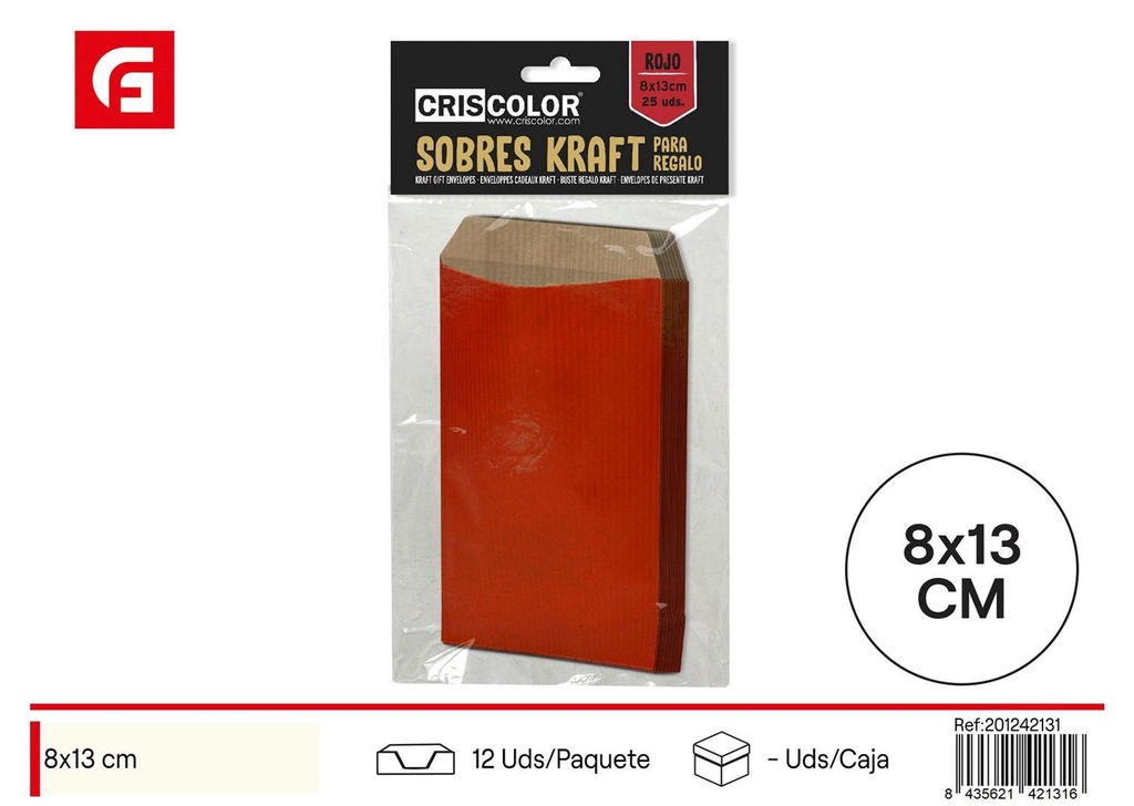 Sobre Kraft rojo 8x13cm packs 25 uds - Papelería