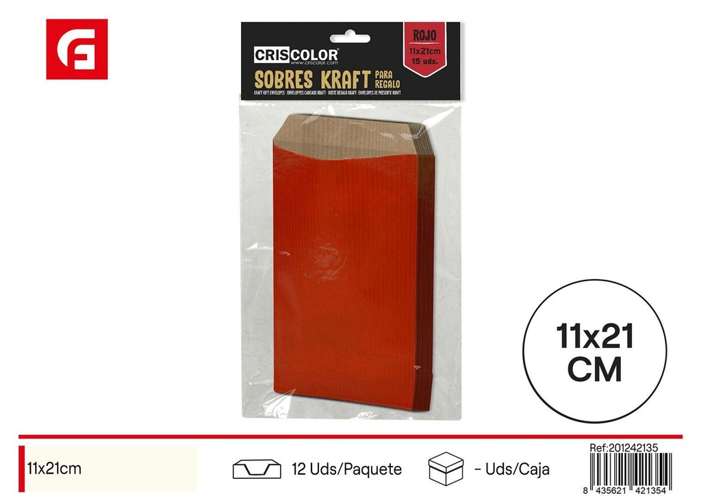 Sobre Kraft rojo 11x21cm pack 15 uds - Papelería