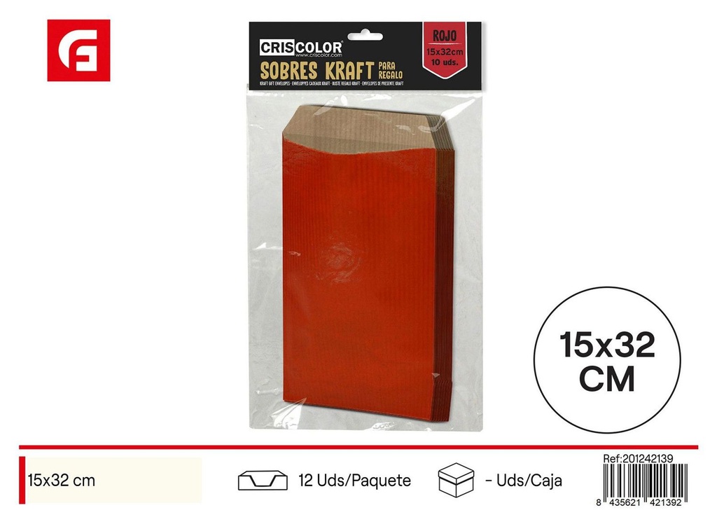 Sobre kraft rojo 15*32 cm pack 10 uds - Artículos de regalo