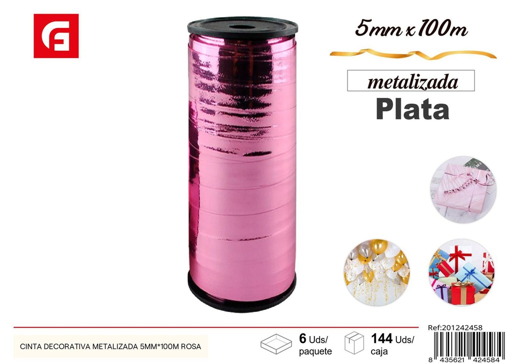 Cinta decorativa metalizada 5mm x 100m rosa - Material para regalos