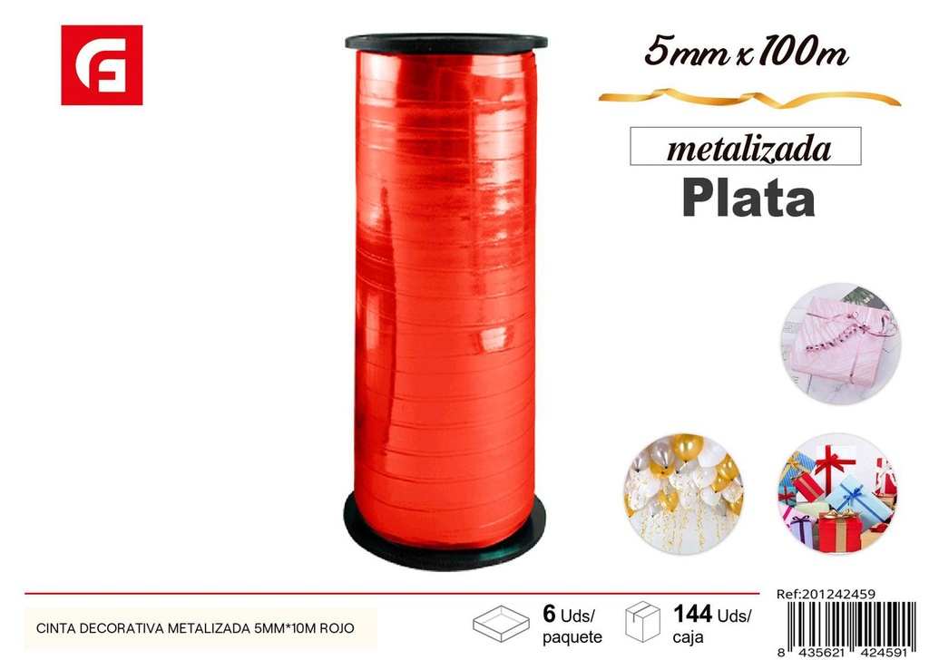 Cinta decorativa metalizada 5mm x 10m roja - Material para regalos